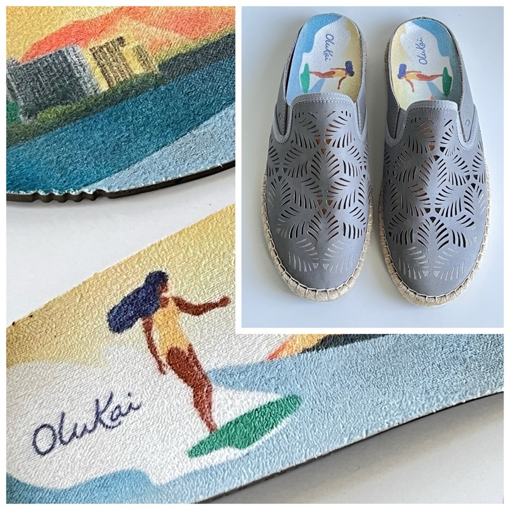 Olukai Women's Kaula Oli Ili Poi/ Poi Gray Cutout Mule Slip On Shoes Size 9